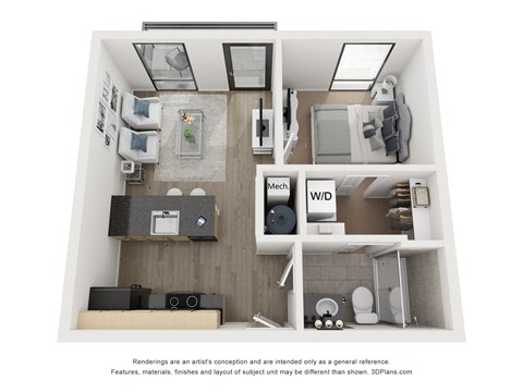 a 1 bedroom floor plan with a bathroom and a balcony